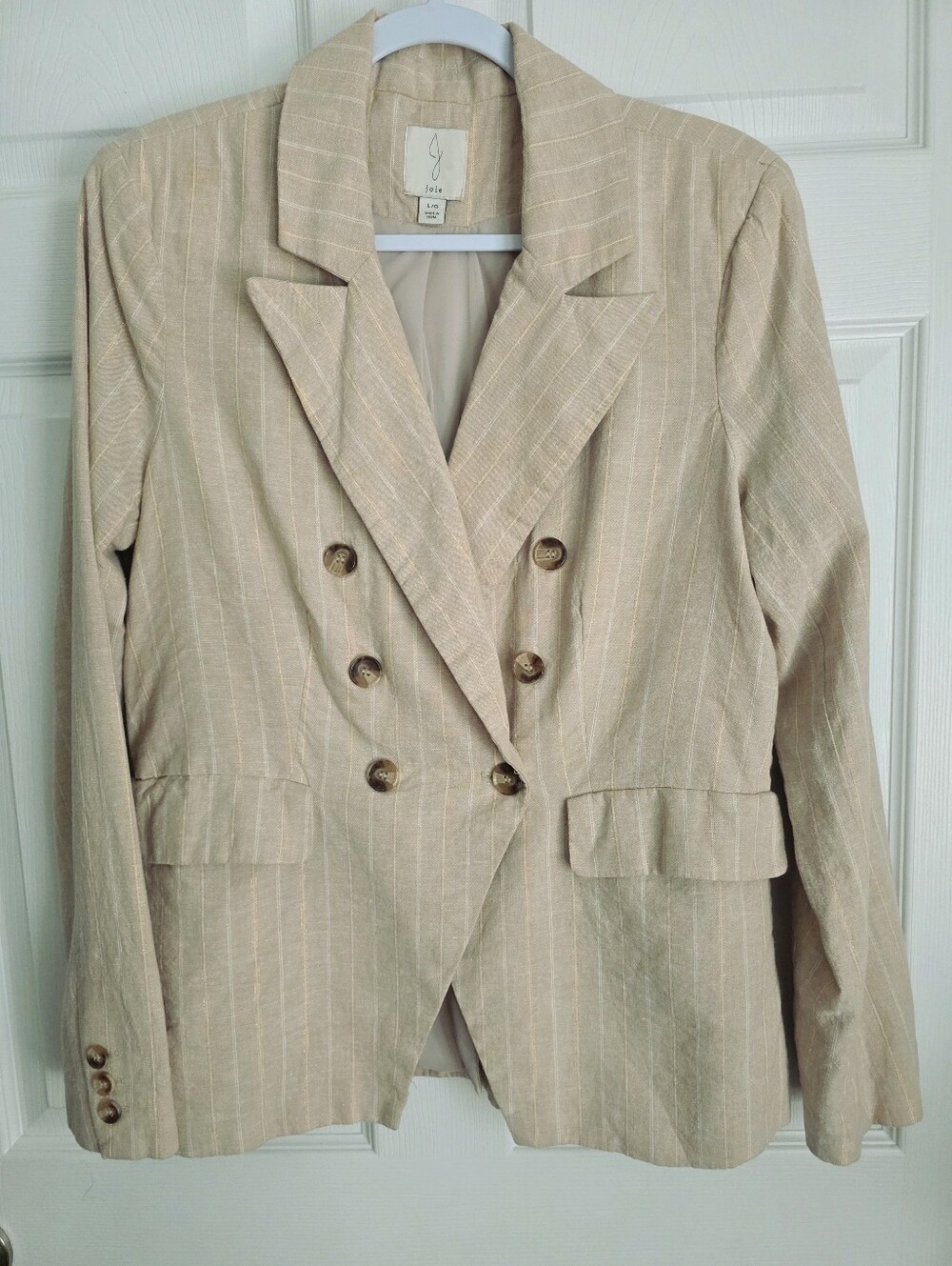 Joie Beige Linen Blend Pinstripe Double Breasted Blazer Jacket - Size L